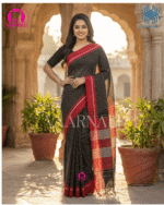 Model wearing black red patteda anchu saree checks design handloom cotton formal occasion draping