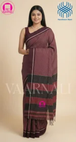 Chocolate brown handloom stripe saree styled with contemporary blouse and minimal jewelry