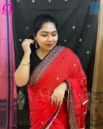 Detailed pallu design of pure handloom red Dhonekhali cotton saree showing traditional Bengali weaving patterns