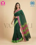 Green patteda anchu saree full view with lime green and magenta borders handloom cotton VAARNALI