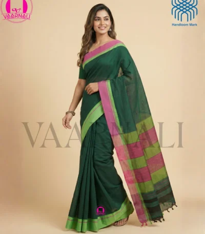 Green patteda anchu saree full view with lime green and magenta borders handloom cotton VAARNALI