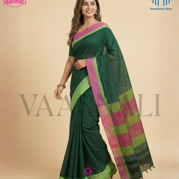 Green patteda anchu saree full view with lime green and magenta borders handloom cotton VAARNALI