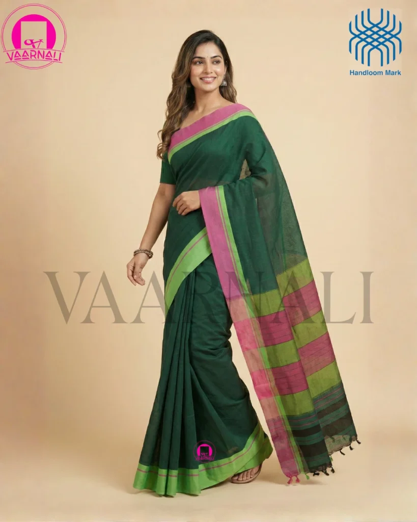 Green patteda anchu saree full view with lime green and magenta borders handloom cotton VAARNALI