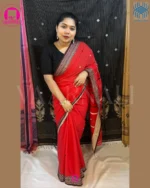 Woman wearing red black saree pure handloom Dhonekhali cotton saree styled for cultural event