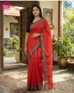 Red Dhonekhali cotton saree full view with black geometric border and unstitched blouse piece by VAARNALI