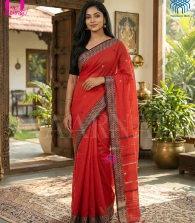 Red Dhonekhali cotton saree full view with black geometric border and unstitched blouse piece by VAARNALI