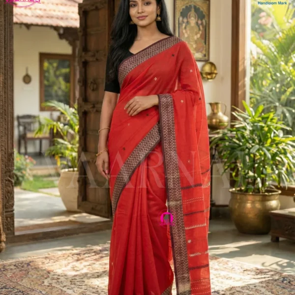 Red Dhonekhali cotton saree full view with black geometric border and unstitched blouse piece by VAARNALI