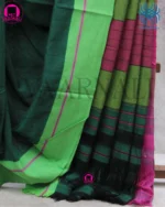 Pure handloom cotton fabric texture green patteda anchu saree weave quality detail