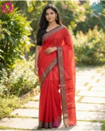 Cotton saree fabric texture showing handwoven quality of authentic red Dhonekhali handloom weave with butis