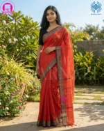 Unstitched blouse piece included with red Dhonekhali cotton saree showing matching fabric quality
