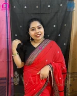 Red Dhonekhali cotton saree full-length view with black geometric border, pure handloom weave by VAARNALI