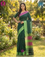 Pure handloom cotton fabric texture green patteda anchu saree weave quality detail