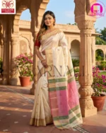 White pink Kalakshetra saree in pure Bishnupuri katan silk with traditional Bengali borders and matching blouse piece