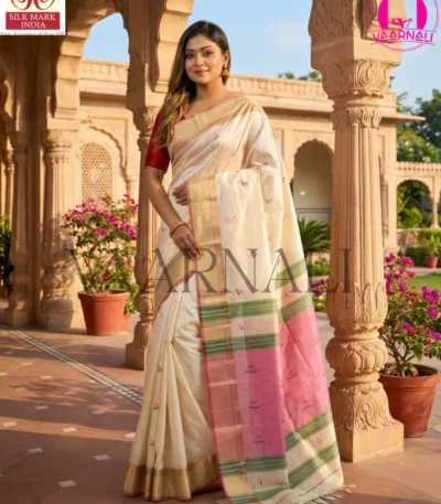 White pink Kalakshetra saree in pure Bishnupuri katan silk with traditional Bengali borders and matching blouse piece