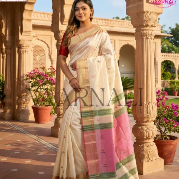 White pink Kalakshetra saree in pure Bishnupuri katan silk with traditional Bengali borders and matching blouse piece