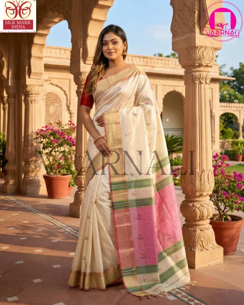 White pink Kalakshetra saree in pure Bishnupuri katan silk with traditional Bengali borders and matching blouse piece