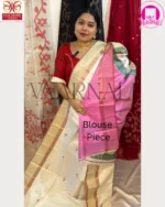 Unstitched pink silk blouse piece included with white Kalakshetra saree from VAARNALI