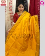 Step-by-step Bengali draping style for yellow red Kalakshetra saree showing traditional pleating technique