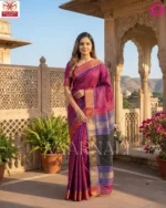 Pink Bishnupuri katan silk saree with bindu buti motifs full view with blouse piece