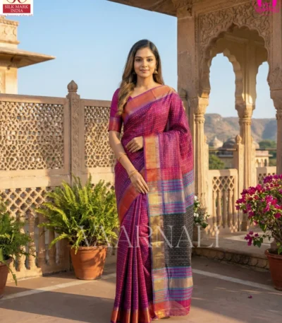 Pink Bishnupuri katan silk saree with bindu buti motifs full view with blouse piece