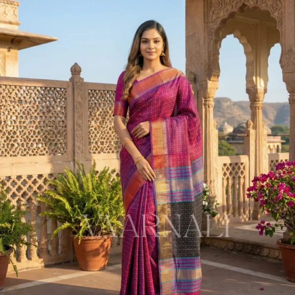 Pink Bishnupuri katan silk saree with bindu buti motifs full view with blouse piece