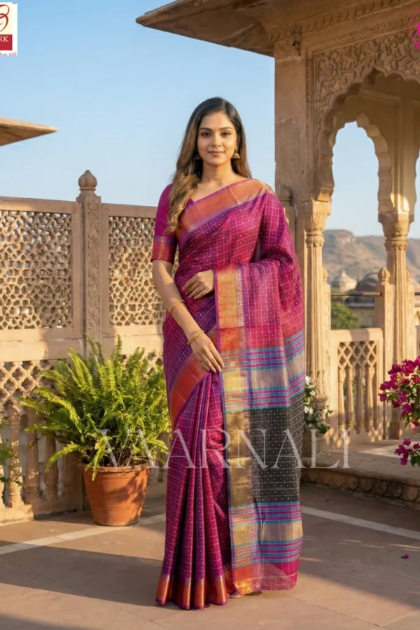 Pink Bishnupuri katan silk saree with bindu buti motifs full view with blouse piece