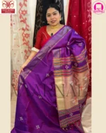Back view showing pallu drape of handwoven Purple Silk Saree Kalakshetra style Bishnupur