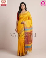Yellow red Kalakshetra saree in pure Bishnupuri katan silk with traditional Bengali borders and matching blouse piece from VAARNALI