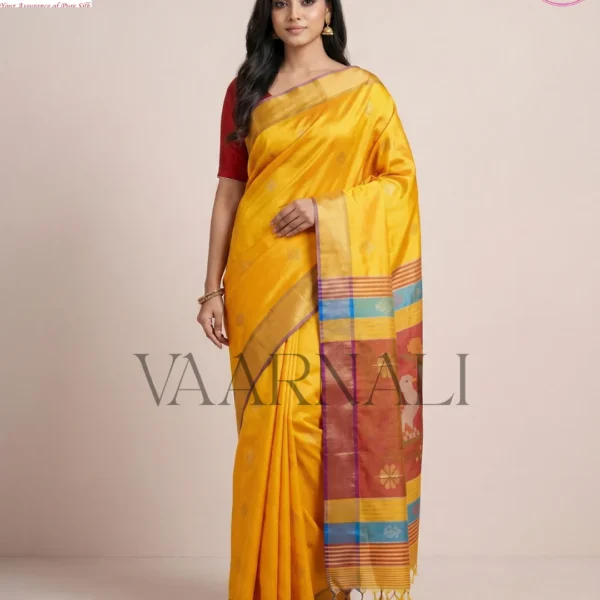 Yellow red Kalakshetra saree in pure Bishnupuri katan silk with traditional Bengali borders and matching blouse piece from VAARNALI