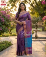Purple Bishnupuri katan silk saree full view with bindu buti pattern and blouse piece