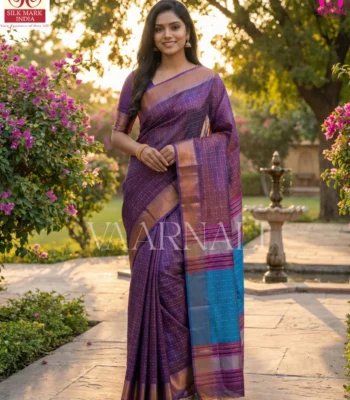 Purple Bishnupuri katan silk saree full view with bindu buti pattern and blouse piece