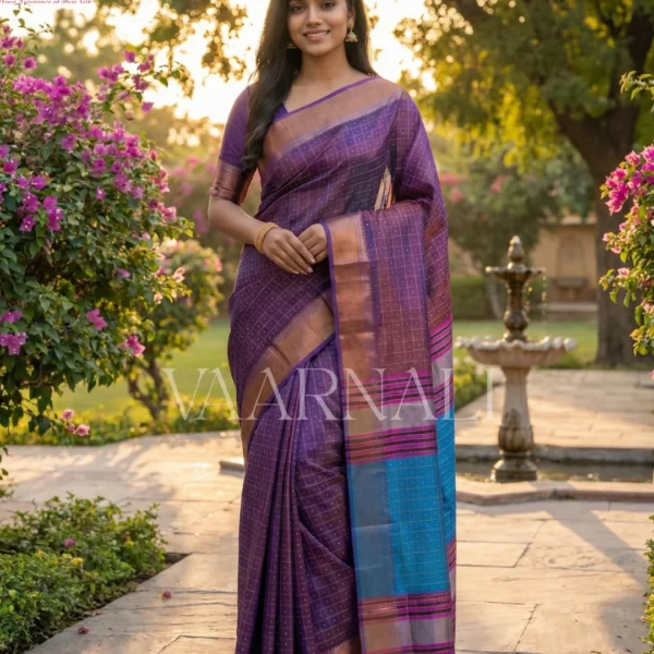Purple Bishnupuri katan silk saree full view with bindu buti pattern and blouse piece