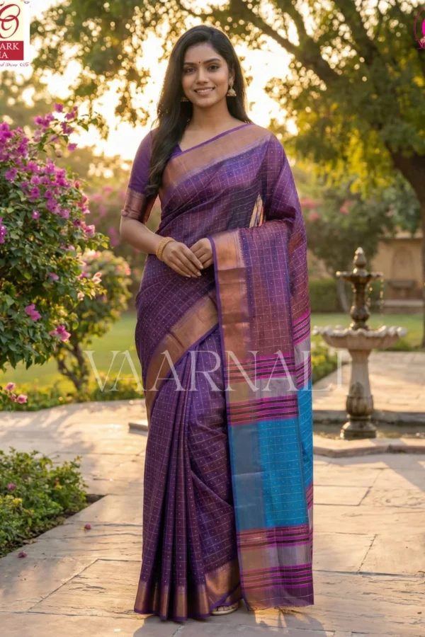 Purple Bishnupuri katan silk saree full view with bindu buti pattern and blouse piece