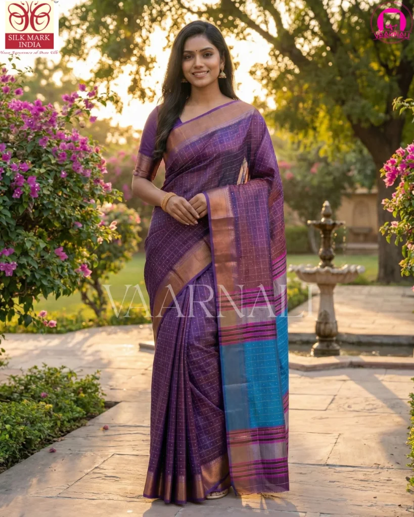 Purple Bishnupuri katan silk saree full view with bindu buti pattern and blouse piece