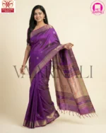 Model wearing traditional Purple Bishnupuri Silk Kolakhetra saree in Kalakshetra draping style