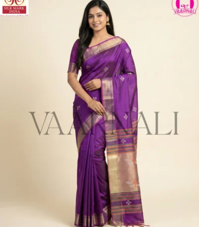 Purple Bishnupuri Katan Silk Kalakshetra Saree full view with blouse piece by Vaarnali