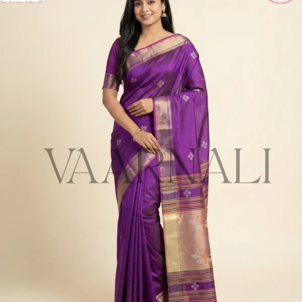 Purple Bishnupuri Katan Silk Kalakshetra Saree full view with blouse piece by Vaarnali