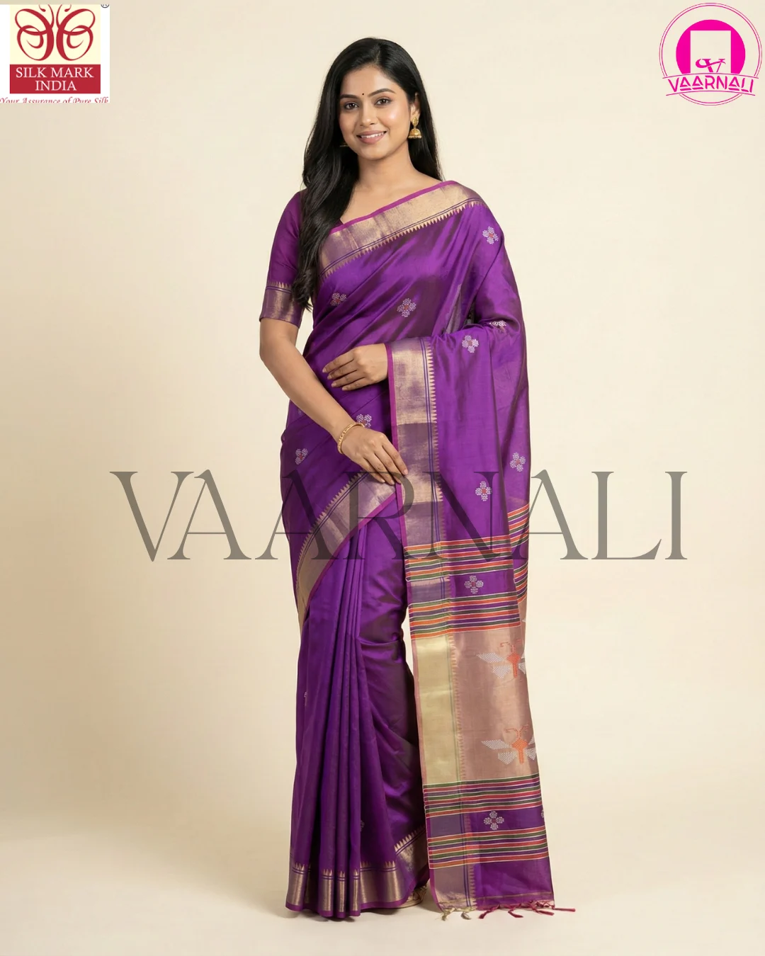 p7ty2xuszlzzesunwkkh Purple Bishnupuri Katan Silk Kalakshetra Saree full view with blouse piece by Vaarnali