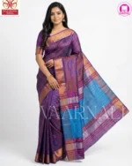 Detailed texture of pure katan silk showing natural sheen and quality of purple Bishnupuri saree
