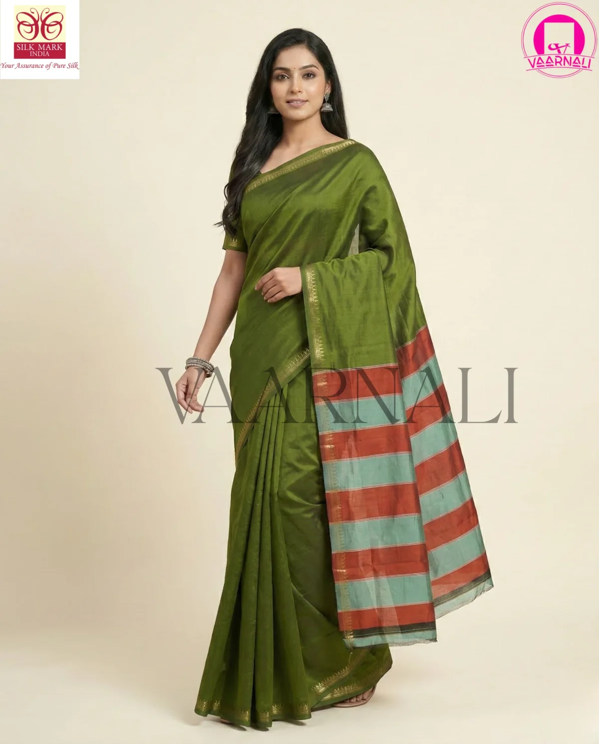 Model wearing VAARNALI Moss Green Inchi Par Saree, Pure Bishnupuri Silk, elegant front drape and pallu.