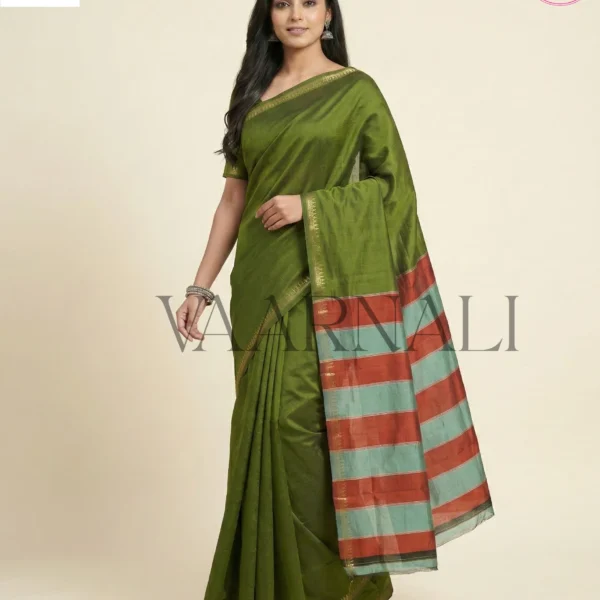 Model wearing VAARNALI Moss Green Inchi Par Saree, Pure Bishnupuri Silk, elegant front drape and pallu.