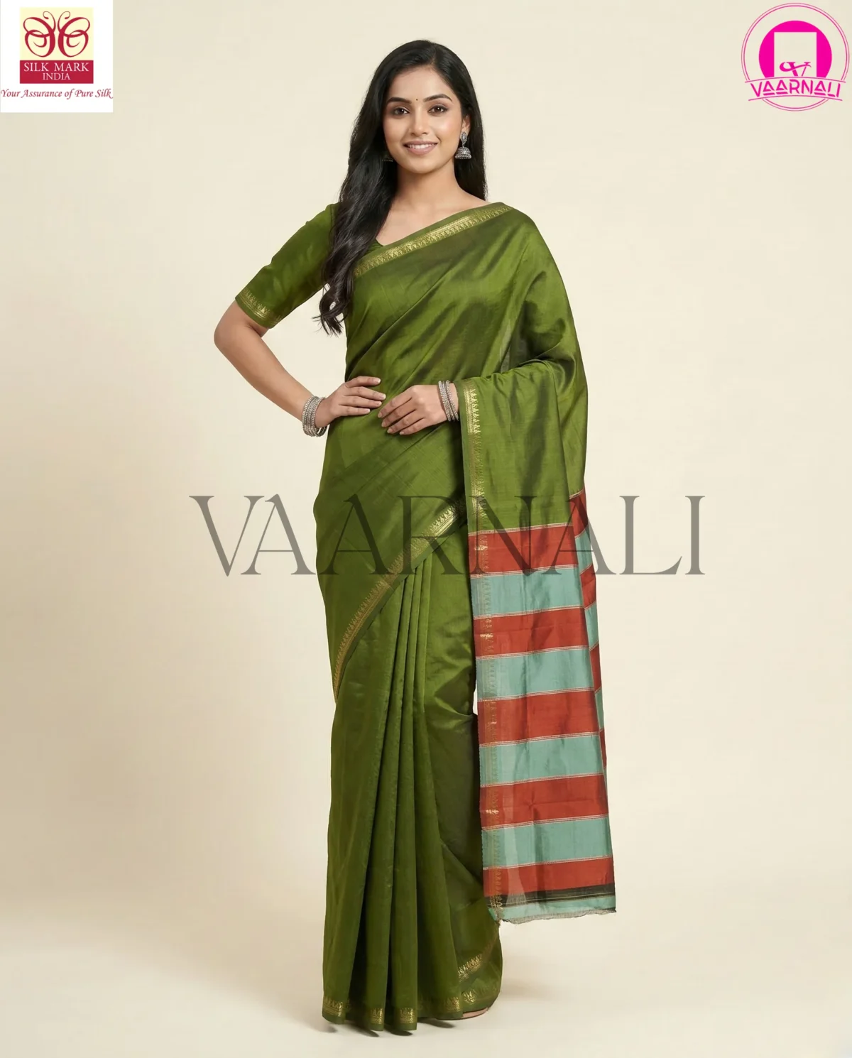 Moss Green Inchi Par Saree paired with a complementary gold embroidered blouse for festive traditional styling