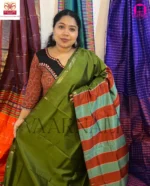 Close-up of the subtle one-inch border design on Moss Green Bishnupuri Silk Saree fabric, highlighting handwoven texture